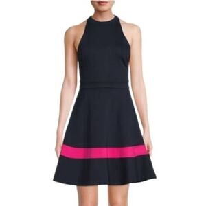 NEW ELIZA J DRESS 6 HALTER NAVY BLUE PINK STRIPE FIT & FLARE COCKTAIL MINI